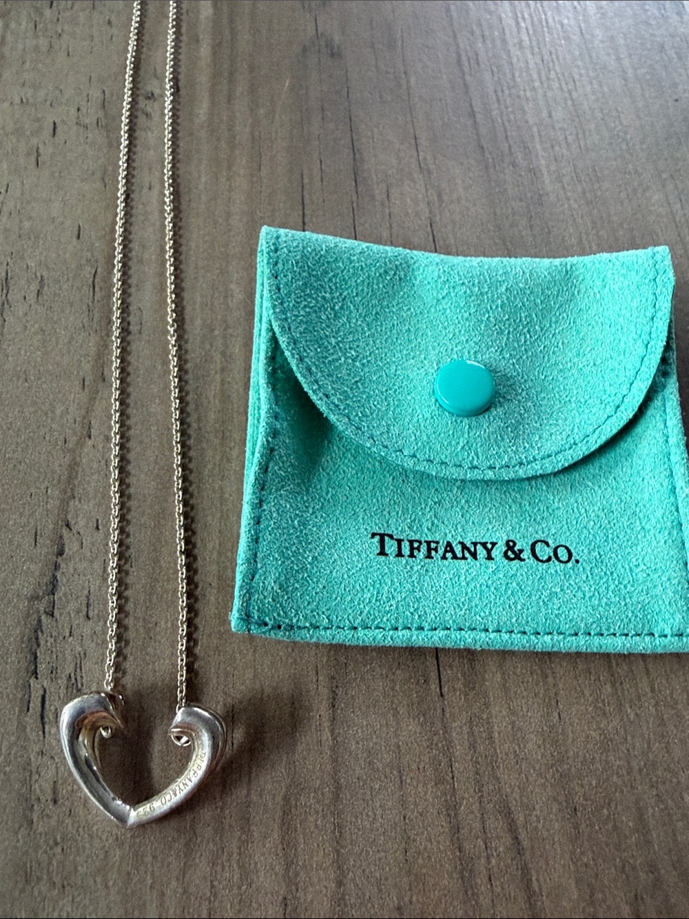 Tiffany & Co. Turquoise Pouch with Silver Heart Necklace